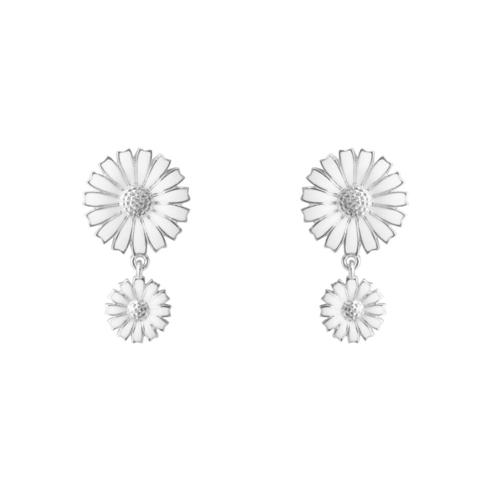 GEORG JENSEN - ØREDOBBER, DAISY DOBBEL BLOMST SØLV MED HVIT EMALJE
