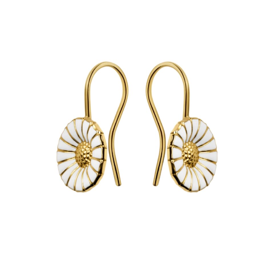 GEORG JENSEN - ØREDOBBER, DAISY HENGENDE FORGYLT SØLV MED HVIT EMALJE