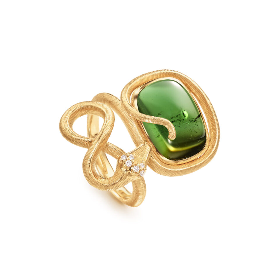 Ring, Snakes liten Grønn Turmalin og Diamanter 0,04 ct TW.VS.