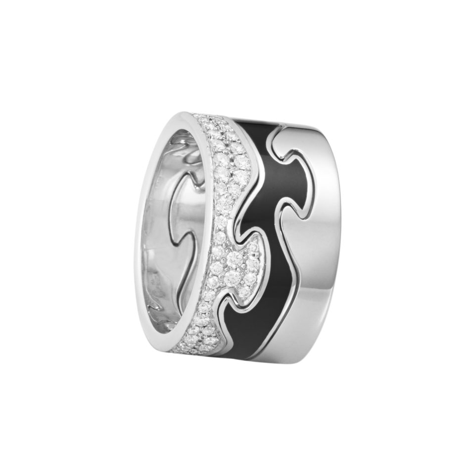 GEORG JENSEN - RING, FUSION CENTERRING SVART HYCERAM HVITT GULL - KOMBINASJON
