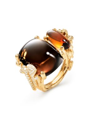 OLE LYNGGAARD COPENHAGEN - RING, BOHO DOBBELT PAVÉ RØKKVARTS OG GUL TURMALIN 0,43 CT.